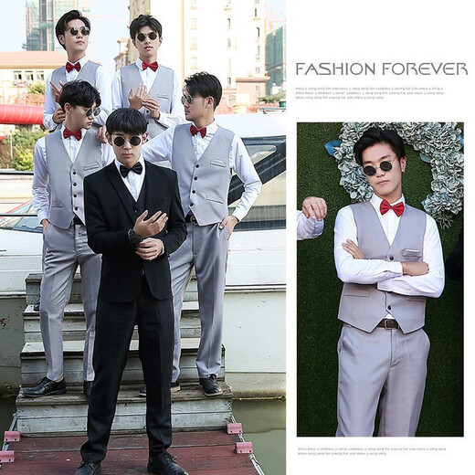 Xinzhizhan best man costume brother group clothing men's three-piece shirt men's clothing wedding dress gray vest + gray pants + shirt + bow tie 3XL