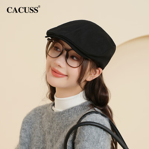 CACUSS hat women's spring and autumn large head circumference beret women's forward hat showing face small black painter hat black