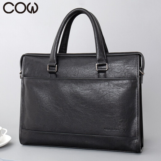 French COW Briefcase Trendy Fashion Men's Bag Casual Business Large Capacity Horizontal Handbag Shoulder Crossbody Laptop Bag C-6668 Black