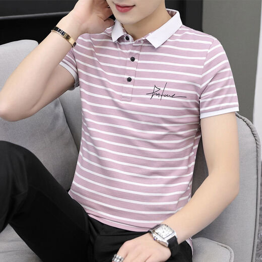 
NanYUQIU summer men's short-sleeved T-shirt striped Korean style trendy half-sleeved slim collared top clothes men's lapel 6636 brick red strips 2XL 135-150Jin [Jin equals 0.5 kg]