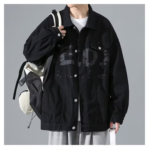 Digada American denim jacket men's fashion new trendy brand retro Hong Kong style workwear casual loose handsome heavy jacket men TY842 black regular XL 100-120Jin Jin equals 0.5 kg