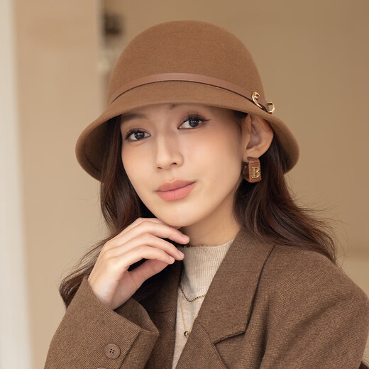 Tilburg star's same style hat for women in autumn and winter, elegant and versatile bucket hat for women, high-end warm wool fisherman hat for women, dark coffee color, 100% Australian fine wool M (56-58cm)