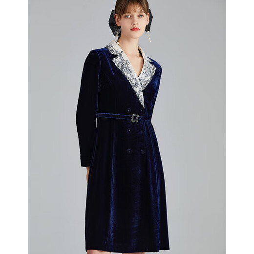 Das gleiche 2022 Herbst neue Mode Spitzenanzug Halsband professionelles Taillenkleid mit mittlerer Länge OBQL9230 B01 Dark Blue XL