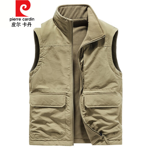Pierre Cardin vest autumn and winter outdoor men's double-sided velvet thickened multi-pocket casual and fashionable dad style vest workwear Khaki 8770 short velvet double-sided autumn and winter style M 80-110Jin Jin is equal to 0.5 kg