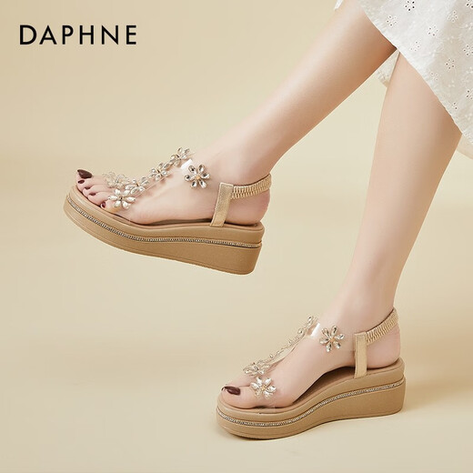 Daphne (DAPHNE) sandals for women's summer high heels summer new single shoes heels thick sole sponge cake student rhinestone fairy style elastic band gold 37 (235mm)
