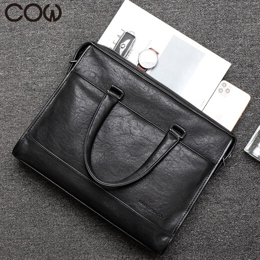 French COW Briefcase Trendy Fashion Men's Bag Casual Business Large Capacity Horizontal Handbag Shoulder Crossbody Laptop Bag C-6668 Black