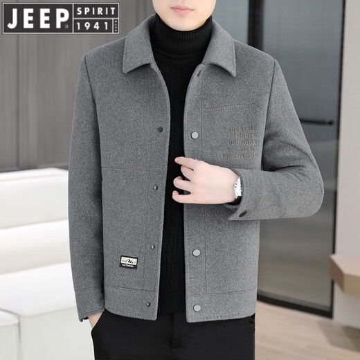 JEEP SPIRIT羊毛呢外套男士短款双面尼大衣2024秋冬新款男装加厚呢子夹克 黑色【款】 180/XL【130-150斤】