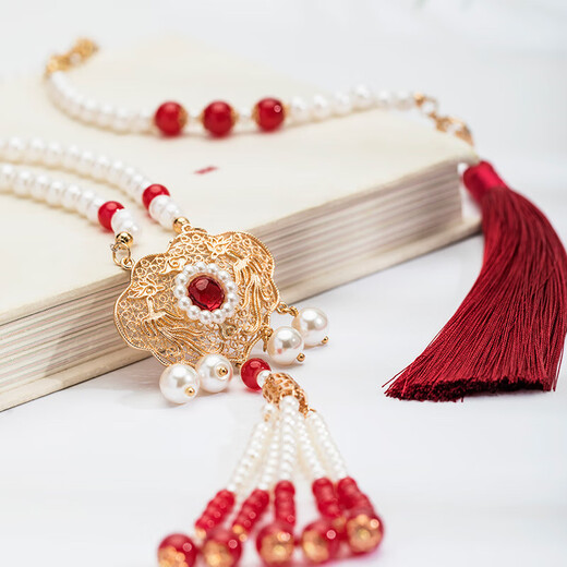 Pei Nanwei, ancient style cloud-backed tassel necklace, horse-faced skirt accessories, retro pendant, Hanfu soft necklace, national style cheongsam jewelry, 1 red necklace with pressed placket
