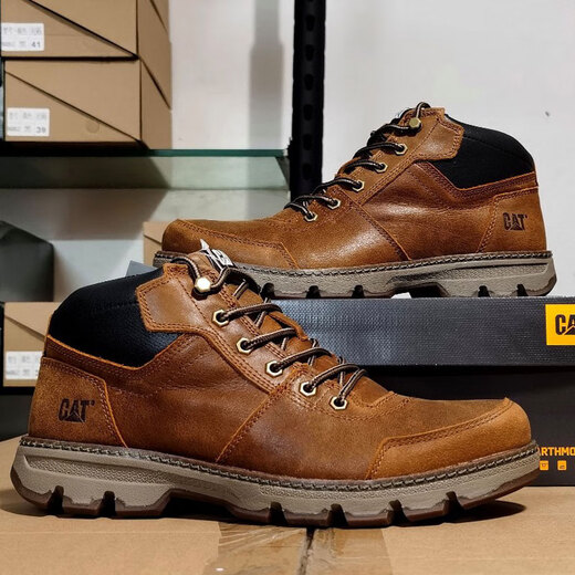 卡特cat男鞋高帮工装鞋厚软底轻便牛皮防水马丁靴秋冬户外休闲鞋短靴 卡其色 皮鞋码 41 比运动鞋偏大一码