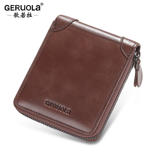 
Gerola men's wallet short genuine leather zipper multi-function driver's license card bag 2025 new wallet wallet wallet trendy brand men's brown color (retro leather-anti-theft brush)