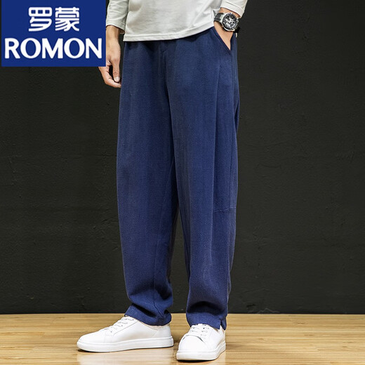 罗蒙（ROMON）夏季中国风亚麻男裤子宽松直筒哈伦裤男士棉麻休闲裤男装大码长裤 8011藏青色 2XL【参考体重155-170斤】