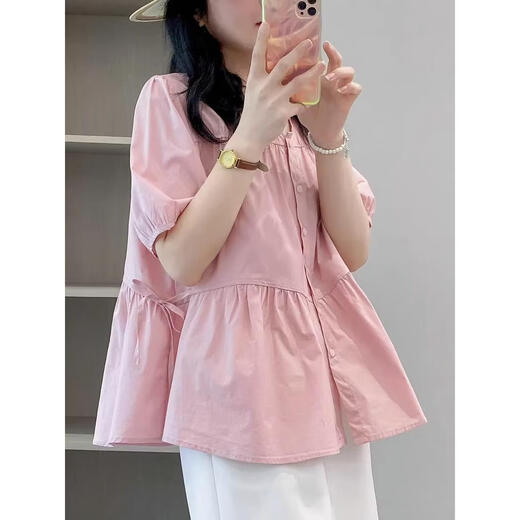 
Geman maternity top summer loose belly cover short-sleeved shirt women's suit fashionable new doll shirt two-piece summer suit pink top + white shorts suit XXL