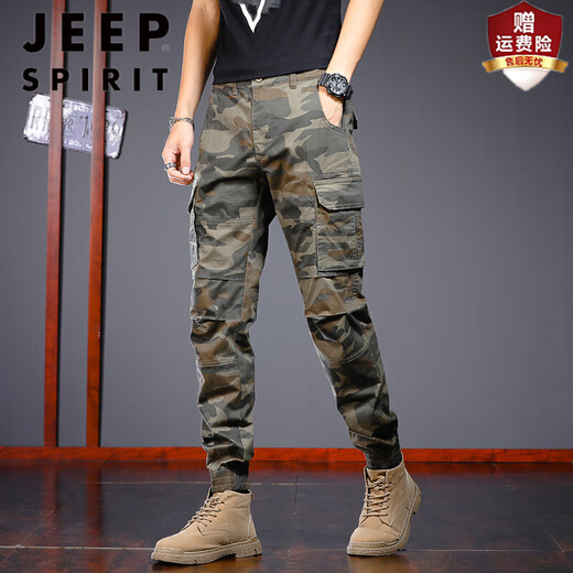 JEEP SPIRIT秋冬季加绒工装裤男迷彩束脚裤2024潮流美式户外休闲裤子 692B卡其迷彩 28