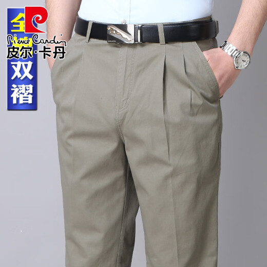 皮尔卡丹纯棉双褶男士休闲裤春夏季薄款深裆高腰宽松爸爸裤子中老年人长裤 春夏卡其 6626-3 薄款 40