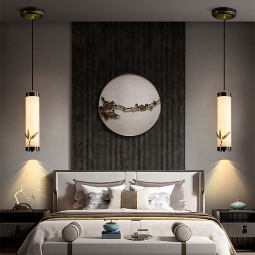 幸福来敲门全铜云石床头吊灯禅意中国风餐厅吧台茶室新中式卧室床头小吊灯 全铜+云石 单头 荷花