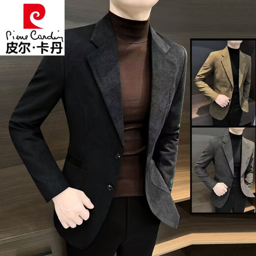 皮尔卡丹鹿皮绒西装外套男士2024新款春秋季商务感时尚休闲西服夹克男 棕色 3XL