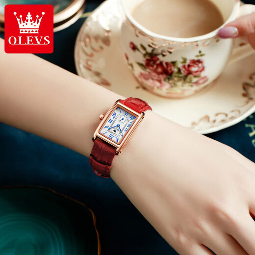 Olishi new versatile fashion women's watch quartz Roman retro belt waterproof goddess birthday gift box watch 6625 women-red leather rose white