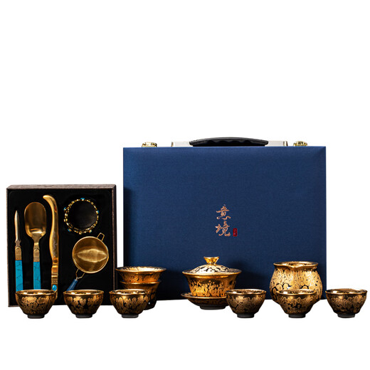 Langting Yafang pure gold Jianzhan Kung Fu tea set for home use complete set of gilt bowls and teacups high-end ceramics high-end business gifts high-end gilt tea sets
