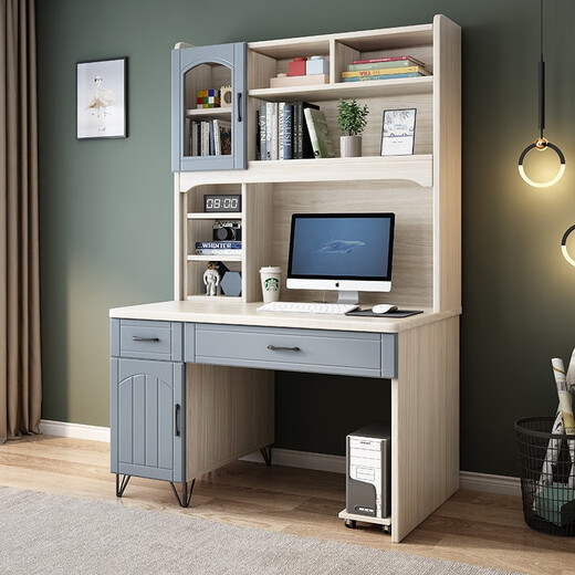 Shangjing Desk and Bookcase Combination Computer Desk Desktop Modern Simple Home Study Office Student Study Desk Q Style-Gray Technology Wood Color 100*60*190cm Single Desk