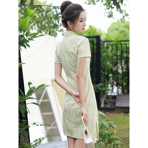 Wind green cheongsam women summer temperament girl young style small and fresh short daily improvement dress summer style 838 XL