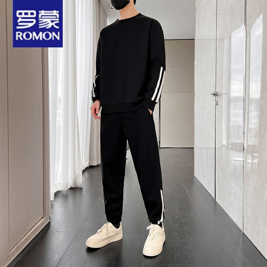 Romon Casual Sportswear Anzug Männer Frühling und Herbst 2024 Neue langärmlige Herrenkleidung mit einem hübschen runden Hals-Sweatshirt 9230 White Grey [Set] 3XL