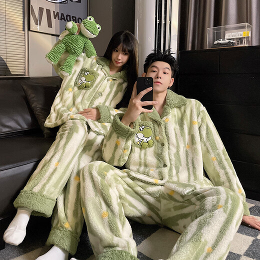 Mengdong Crayon Shin-chan Couple Pajamas for Men and Women Winter Coral Velvet Cute Cardigan Internet Celebrity Style Flannel Home Clothing Set KYX-A59904 XL Men's Style (Recommended 120-145 Jin Jin equals 0.5 kg)
