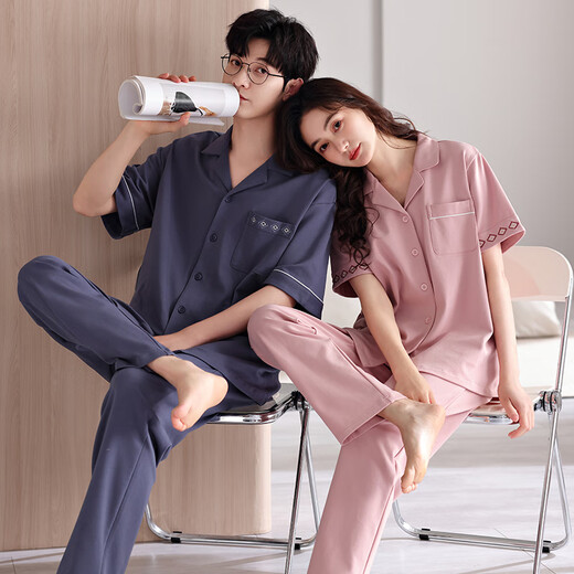 Victoria style couple pajamas for women summer pure cotton cardigan short-sleeved trousers one man and one woman couple suit casual home wear for women 6604 2XL