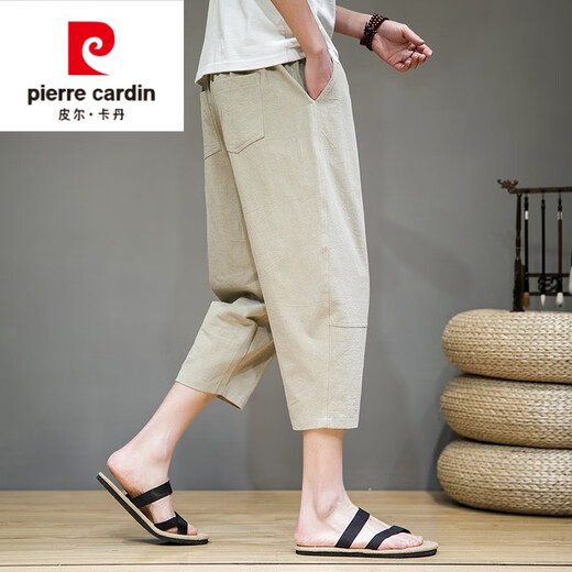 皮尔卡丹（pierre cardin）亚麻短裤男士中国风七分裤2025夏季薄款纯棉宽松休闲运动中裤 K681藏青 L