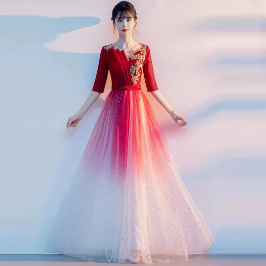 New style cantata costume for women, long skirt, student art exam, adult host, red song poetry recitation, starry sky evening dress, new gradient blue, student art exam, starry sky chorus costume, M