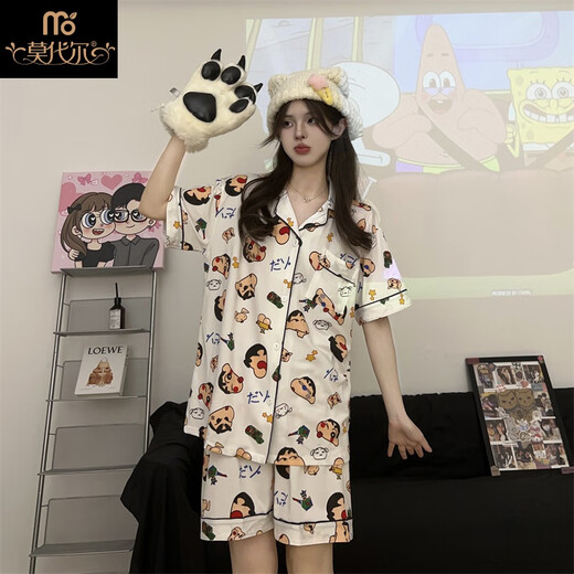 Modal Japanese cute Crayon Shin-chan couple pajamas for women summer pure cotton short-sleeved summer men's home wear three-piece suit White Crayon Shin-chan short sleeves + shorts + trousers Men's L size 90-120 Jin Jin equals 0.5 kg Wear