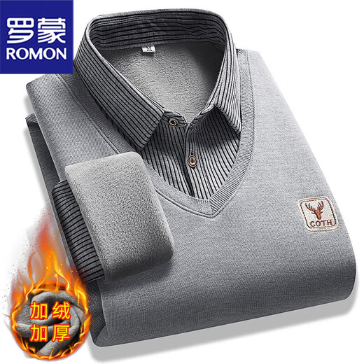ROMON men's shirt fake two-piece winter thick clothes warm sweater middle-aged and elderly dad's base shirt men's plus velvet gray XL