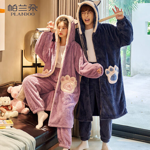 Palando Coral Fleece Couple Pajamas for Women in Autumn and Winter Long Sleeve Bathrobe Extended Men's Pajamas for Couples Can We Wear Home Suit Winter 9913 Women's XL Size