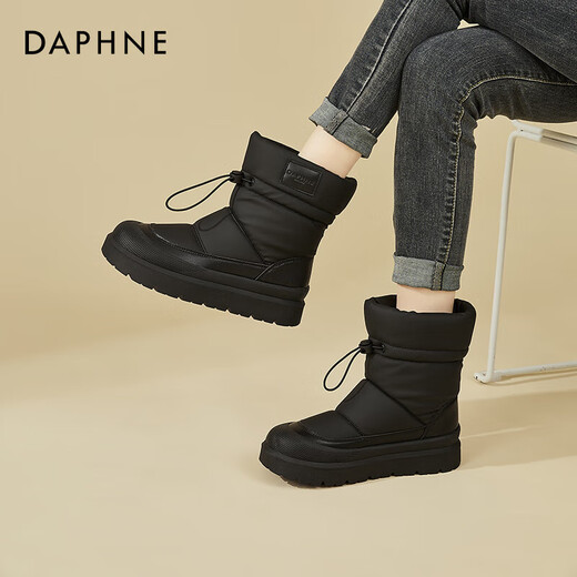 达芙妮（DAPHNE）厚底短靴女2025秋冬季新款松紧带雪地靴短筒加绒保暖户外女靴子 黑色 39