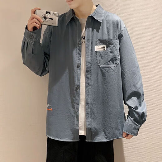 丹俏丽衬衫男士春夏季新款韩版潮流拼接印花长袖衬衣青少年宽松痞帅外套 白色 679 M