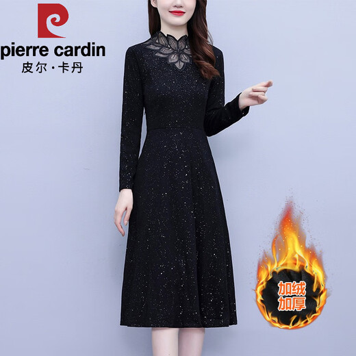 Pierre Cardin velvet thickening coat bottoming dress for women in autumn and winter new style mom fashion slim long-sleeved skirt black velvet 3XL recommended 135-150Jin Jin equals 0.5kg