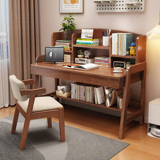 Huazhou Desk Home Student Study Table with Bookshelf Can Lift Writing Table Study Computer Table 0.9 meters Log Wood Color