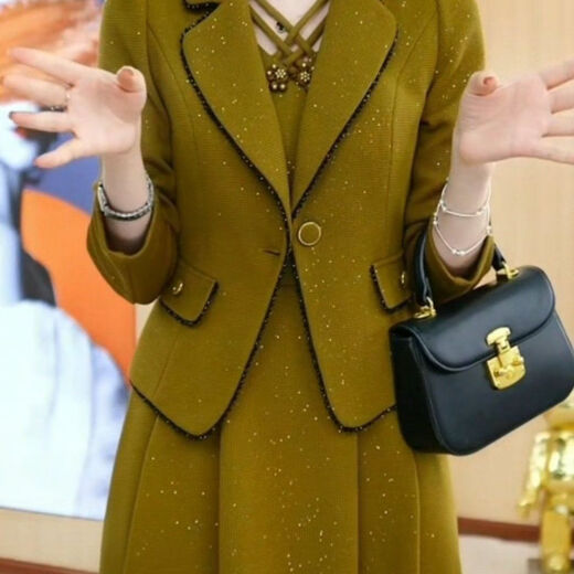 梦莲娅秋季连衣裙两件套单/套装 中年妈妈两件套女春秋新款连衣裙女时尚 9859-杏色套装胸针随机 2XL