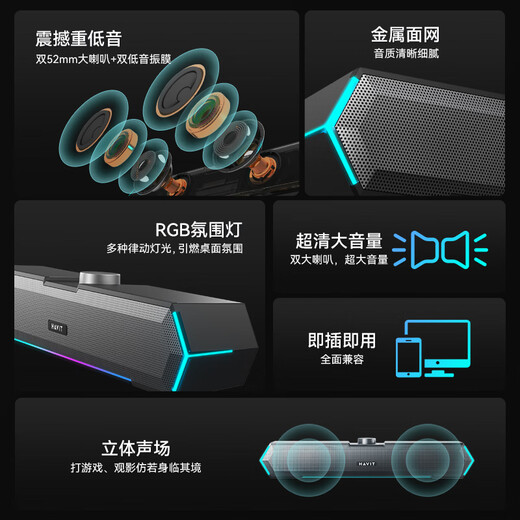 海威特（HAVIT）【20万好评】电脑音响音箱台式桌面家用笔记本主机usb有线长条网课迷你低音炮外放喇叭 M19黑色