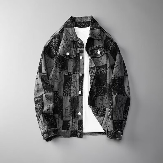 JIAYE Workwear Denim Jacket Men's Spring and Autumn New Casual Handsome American Loose Jacket Men's Trendy Brand Black Gown Black 2XL 175-180cm 150-170Jin Jin equals 0.5 kg