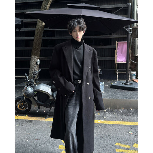 Neu oder Modus Britisch-Stil Langer Revers Wollmantel Herbst und Winter Neue vielseitige Nieten High-End Lose Trendy Mantel Black 2xl