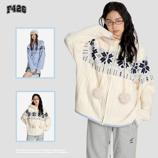 F426 Official Store National Fashion Brand Autumn New Couple Premium Lazy Hooded Fur Collar Fair Isle Sweater Off-White M