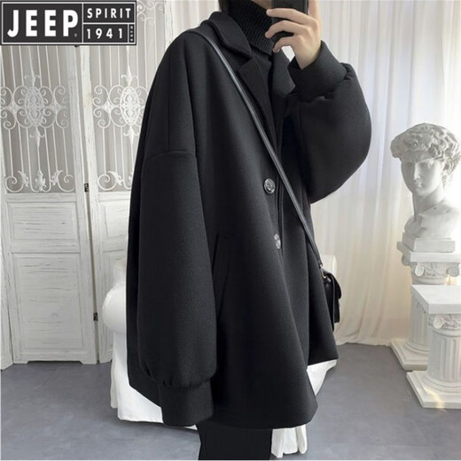 JEEP new autumn and winter new cotton and thick woolen coat short popular street black coat men's loose and handsome clothes black cotton and thick XL