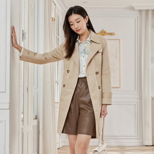 El mismo viento de doble pecho para la mujer de la manera media de longitud media de la mujer, chaqueta de moda simple y elegante para mujeres, amarillo claro naranja L l
