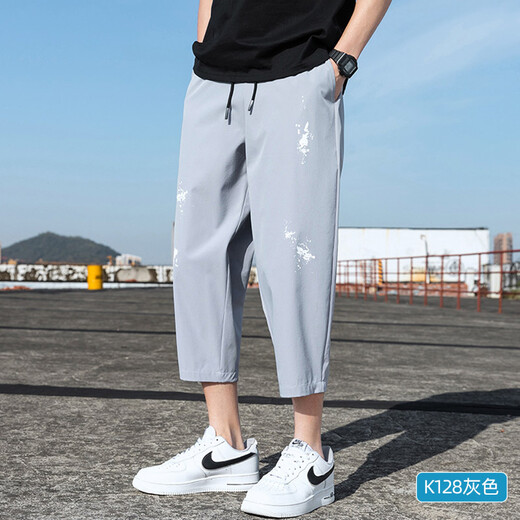 季骆森休闲裤男夏季薄款宽松冰丝速干八分裤子学生韩版潮流运动哈伦裤 【单】K129黑色 XL