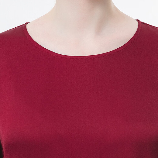 VOA silk heavy dark red round neck asymmetric short sleeve three-dimensional loose leaf elegant loose-leaf BE672 Floating red flowing elixir (H7) M