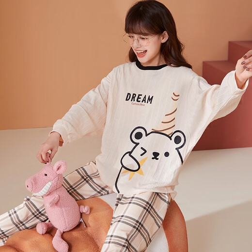 
Langsha (langsha) pajamas for women in spring and autumn pure cotton thin cartoon bear plush winter and summer ladies cute long-sleeved home clothing set J15125 red cartoon bear spring M [recommended 80-100Jin [Jin equals 0.5 kg]]