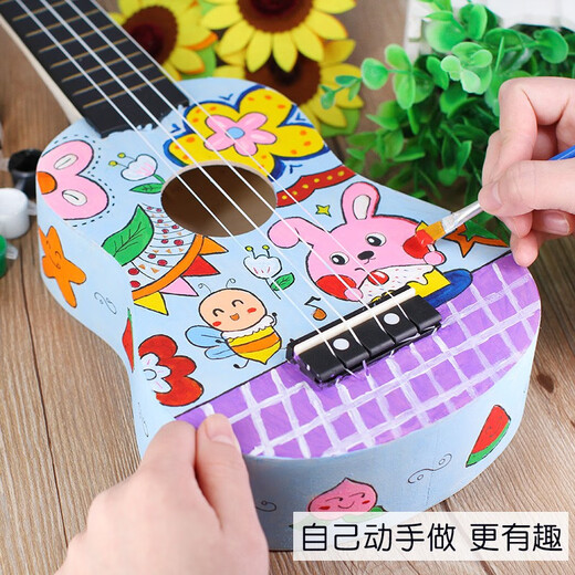 组装尤克里里diy小吉他手工制作自制材料包彩绘手绘画木质涂鸦 盒子装_21英cun圆形+颜料