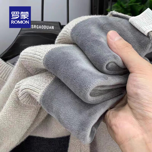 Luo Meng all-in-one velvet high-end round neck sweater men's autumn and winter velvet thickened warm base sweater clothes light gray L