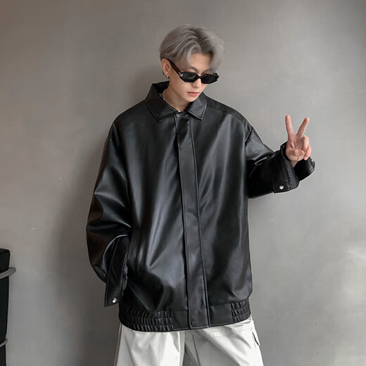 
Digada Jacket Men's Fall New American High Street Sexy Vibe Loose Solid Color Versatile Long Sleeve Leather Jacket Men's WJS-W9274 Black XL