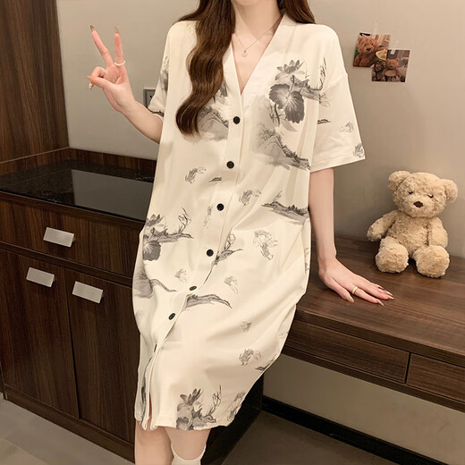 Hong Kong Lianya Nightgown avec coussinet mammaire pour les femmes pour l'été à manches courtes à manches minces de pyjamas pour femmes peinture à l'encre de grande taille pour les vêtements pour la maison pour usager 5155 fleurs vertes avec coussinet xl x